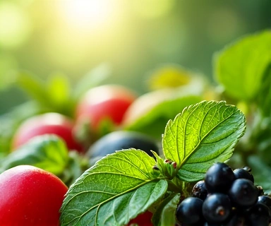 Close-up of fresh, vibrant natural ingredients like herbs, fruits, and botanical extracts, symbolizing purity.