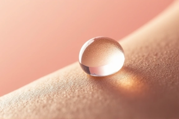 Close-up of healthy, hydrated skin with a drop of hyaluronic acid serum