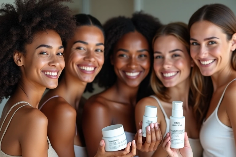 Diverse group of individuals with different skin types looking at skincare products, glowing skin, inclusive representation, natural light.